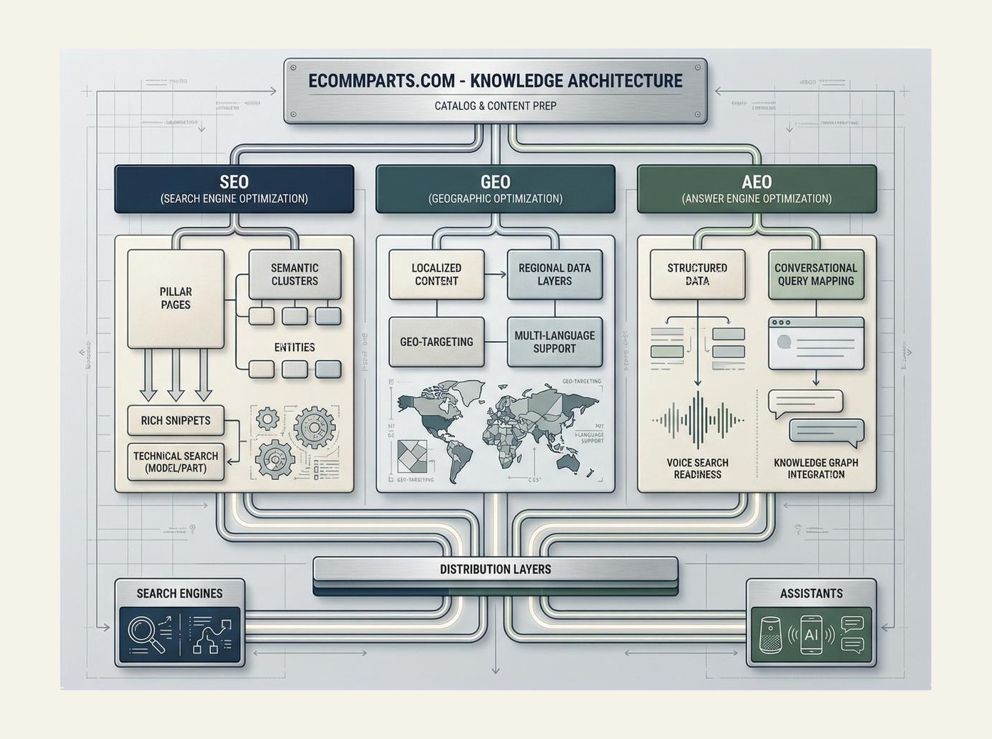 Mapa conceptual de arquitectura SEO, GEO y AEO para catálogos de recambios y contenidos técnicos.